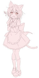1girl, :d, animal ears, apron, bangs, cat ears, cat girl, cat tail, dress, eyebrows visible through hair, fang, frilled apron, frills, full body, gloves, hair between eyes, hands together, hands up, jigatei (omijin), looking at viewer, maid, maid headdress, open mouth, original, own hands together, pleated dress, puffy short sleeves, puffy sleeves, shoes, short sleeves, simple background, smile, socks, solo, standing, tail, white background