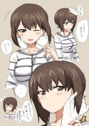Rule 34 | 10s, 1girl, alternate costume, ashiwara yuu, blush, breasts, brown eyes, brown hair, commentary request, eyebrows, closed eyes, girls und panzer, headpat, highres, medium breasts, multiple views, nishizumi maho, one eye closed, open mouth, short hair, translation request