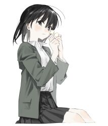 Rule 34 | 1girl, black hair, black skirt, closed mouth, collared shirt, from side, hair between eyes, hand up, highres, looking at viewer, medium hair, open clothes, original, pleated skirt, shirt, simple background, sitting, skirt, smile, solo, white background, white shirt, xxxsoiu1