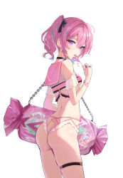 Rule 34 | 1girl, ass, back, bag, bare shoulders, blush, breasts, candy, choker, commentary request, cowboy shot, eating, food, frills, from behind, hair ornament, hair ribbon, highres, holding, holding candy, holding food, holding lollipop, jewelry, lingerie, lollipop, looking at viewer, looking back, medium breasts, omelet tomato, original, panties, pink hair, purple eyes, ribbon, ring, shoulder bag, simple background, skindentation, small breasts, solo, standing, thigh strap, thong, twintails, underwear, underwear only, white background, wings