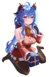 Rule 34 | 1girl, ahoge, bare shoulders, bell, belt, black pantyhose, blue gloves, blue hair, blush, breasts, christmas ornaments, christmas present, commentary, deer hood, detached sleeves, fake horns, full body, ganyu (genshin impact), genshin impact, gift, gloves, highres, horns, long hair, looking at viewer, medium breasts, neck bell, no shoes, pantyhose, purple eyes, red sleeves, santa costume, sicle, sidelocks, single horn, sitting, smile, solo, tassel, thighlet, vision (genshin impact), wariza, white background