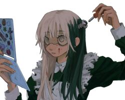 Rule 34 | 1girl, blonde hair, blood, blood in hair, blood on face, end80236189, eyelashes, frills, green hair, highres, holding, holding screwdriver, multicolored hair, object through head, original, screw, screw in head, screwdriver, stitched face, stitches, two-tone hair, upper body, white background
