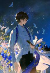 Rule 34 | 1boy, arm at side, ayn alwyn, bird, black hair, black pants, blue flower, blue rose, book, chinese clothes, closed mouth, coat, cowboy shot, dove, flower, from above, hair between eyes, highres, holding, holding book, long sleeves, looking at viewer, lovebrush chronicles, male focus, night, open book, open clothes, open coat, pants, pink flower, profile, railing, red eyes, rose, shirt, short hair, sideways glance, sky, solo, standing, star (sky), starry sky, stole, tangzhuang, wanyou, white coat, white shirt, wind, yellow flower