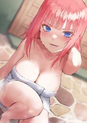 Rule 34 | 1girl, blue eyes, blurry, blurry background, blush, breasts, fagi (kakikaki), go-toubun no hanayome, large breasts, looking at viewer, nakano nino, naked towel, open mouth, pink hair, smile, solo, thighs, towel, wet