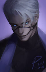 Rule 34 | 1boy, absurdres, blue eyes, dated, earrings, expressionless, gradient background, highres, jewelry, league of legends, looking at viewer, male focus, piscina, portrait, purple background, short hair, signature, simple background, solo, white hair, zed (league of legends)