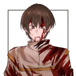 Rule 34 | 1boy, bleeding from forehead, blood, blood from mouth, blood on clothes, blood on face, brown eyes, brown hair, capelet, chinese commentary, commentary request, film grain, gold trim, hair between eyes, jabuchi you, looking at viewer, male focus, open mouth, portrait, saibou shinkyoku, shirt, short hair, solo, sporeroom, sweat, uneven eyes, v-shaped eyebrows, white capelet, white shirt