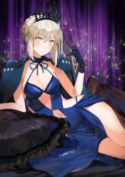 Rule 34 | 1girl, arm support, artoria pendragon (all), artoria pendragon (alter swimsuit rider) (third ascension) (fate), artoria pendragon (fate), blonde hair, blue dress, blue gloves, braid, breasts, choker, cleavage, clothing cutout, dress, fate/grand order, fate (series), gloves, hair between eyes, halter dress, halterneck, ice (ice aptx), lace, lace choker, medium breasts, navel cutout, revealing clothes, saber (fate), saber alter, side slit, solo, thighs, yellow eyes