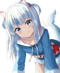 Rule 34 | 1girl, :q, absurdres, ahoge, all fours, animal ear fluff, animal ears, blue eyes, blue hair, blue hoodie, blunt bangs, blush, cat ears, closed mouth, collarbone, commentary, fins, fish tail, gawr gura, gawr gura (1st costume), highres, hololive, hololive english, hood, hood down, hoodie, long hair, long sleeves, looking at viewer, multicolored hair, shark tail, silver hair, simple background, smile, solo, streaked hair, tail, tongue, tongue out, two-tone hair, two side up, v-shaped eyebrows, virtual youtuber, white background, zeroillya