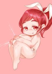 Rule 34 | 1girl, :p, bare legs, blush, breasts, cleft of venus, closed mouth, female focus, hairband, highres, huge breasts, lactation, looking at viewer, nipples, oppai loli, original, panties, ponytail, pussy juice, red eyes, red hair, shiny skin, side-tie panties, simple background, smile, solo, tongue, tongue out, underwear, wedgie, yuu (nijie246869)