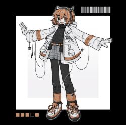 Rule 34 | 1girl, a.i. voice, adachi rei, asymmetrical eyes, belt, belt pouch, black border, black pantyhose, black shirt, border, cable, commentary request, full body, gloves, grey skirt, hair ribbon, headlamp, highres, jacket, long legs, long sleeves, looking at viewer, medium hair, miniskirt, one side up, open clothes, open jacket, open mouth, orange belt, orange eyes, orange hair, outline, outside border, outstretched arms, pantyhose, pleated skirt, pouch, radio antenna, ribbon, ringed eyes, shirt, shirt tucked in, shoes, simple background, skirt, smile, sneakers, solo, spread arms, standing, turtleneck, utau, white background, white gloves, white jacket, white outline, white ribbon, yata (o 1921)