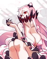 Rule 34 | 10s, 1girl, abyssal ship, black nails, breasts, cleavage, collarbone, colored skin, dress, covered erect nipples, fingernails, frilled dress, frilled sleeves, frills, horns, kantai collection, legs together, knees together feet apart, large breasts, long fingernails, long hair, long sleeves, machinery, midway princess, nail polish, rai32019, red eyes, sharp fingernails, solo, turret, veins, very long hair, white dress, white hair, white skin
