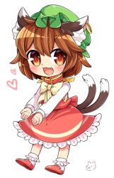 Rule 34 | 1girl, :3, animal ears, brown eyes, brown hair, cat ears, cat tail, chen, commentary request, earrings, fang, full body, green hat, hat, heart, ibaraki natou, jewelry, long sleeves, mob cap, multiple tails, nekomata, single earring, solo, tail, touhou, transparent background, two tails