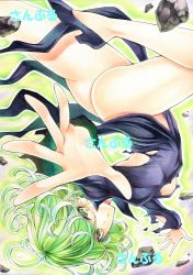 Rule 34 | 1girl, black dress, breasts, curly hair, dress, female focus, flipped hair, floating, floating rock, foreshortening, green eyes, green hair, looking at viewer, marker (medium), no panties, one-punch man, parted lips, side slit, small breasts, solo, tatsumaki, traditional media, upside-down, yqgkg