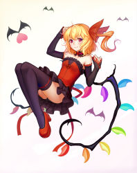 Rule 34 | 1girl, absurdres, adapted costume, ass, bare shoulders, bat (animal), black gloves, black panties, black thighhighs, blonde hair, choker, closed mouth, detached collar, detached sleeves, dress, flandre scarlet, flower, frilled dress, frills, full body, gloves, hair ribbon, heart, high heels, highres, looking at viewer, nail polish, panties, pantyshot, platform footwear, red dress, red eyes, red flower, red footwear, red ribbon, red rose, ribbon, rose, shoes, short dress, side ponytail, simple background, smile, solo, sonikey0 0, thighhighs, touhou, underwear, upskirt, wings