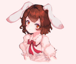 Rule 34 | 1girl, animal ears, beige background, bow, commentary request, hair between eyes, highres, inaba tewi, looking at viewer, rabbit, rabbit ears, red bow, red eyes, short hair, short sleeves, simple background, smile, solo, touhou, wangyq