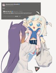 Rule 34 | 2girls, :3, aged down, ahoge, alternate costume, bag, blue eyes, blue hair, blue shirt, blue shorts, blunt bangs, blush stickers, child, commentary, english commentary, english text, fang, fins, fish tail, food, full body, gawr gura, gradient hair, grey hair, hair ornament, hand up, hands up, highres, holding, holding bag, hololive, hololive english, knifecat, lifting person, long hair, looking at another, midriff, multicolored hair, multiple girls, ninomae ina&#039;nis, onigiri, open mouth, orange hair, plastic bag, pointy ears, purple hair, screenshot inset, shark girl, shark hair ornament, shark tail, shirt, short sleeves, shorts, sidelocks, simple background, smile, straight hair, streaked hair, tail, tentacle hair, twitter, two side up, upper body, v, very long hair, virtual youtuber, white background