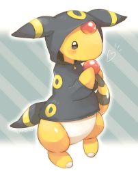 Rule 34 | ampharos, blush, closed mouth, clothed pokemon, commentary request, cosplay, creatures (company), full body, game freak, gen 2 pokemon, grey eyes, heart, nintendo, no humans, outline, pokemon, pokemon (creature), pokemon ears, pokemon tail, signature, smile, solo, standing, tail, tansho, umbreon, umbreon (cosplay)