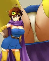 Rule 34 | 1girl, :o, arioarimura, belt, breasts, brown eyes, brown gloves, brown hair, circlet, cleavage, commentary request, dragon quest, dragon quest iii, dress, elbow gloves, from below, gloves, hand on own hip, large breasts, looking at viewer, mtu virus, multiple views, panties, pantyshot, roto (dq3), short hair, solo focus, square enix, thighhighs, underwear, upskirt, white panties, yellow gloves, yellow thighhighs