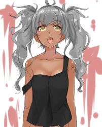 Rule 34 | 1girl, breasts, collarbone, dark skin, dark-skinned female, grey hair, isshiki (ffmania7), long hair, looking at viewer, messy hair, off shoulder, open mouth, original, sketch, small breasts, solo, strap slip, tank top, tongue, twintails, yellow eyes