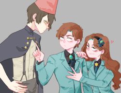 Rule 34 | 1girl, 2boys, aggg, aqua eyes, aqua vest, ascot, black shirt, breasts, brooch, brother and sister, brown hair, cape, collared shirt, dark persona, dipper gleeful, earrings, facial mark, forehead mark, formal, gem, glowing jewelry, gravity falls, hair ornament, hairband, jewelry, long hair, mabel gleeful, multiple boys, over the garden wall, shirt, short hair, siblings, swept bangs, twins, wirt (over the garden wall)