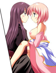 Rule 34 | 00s, 1boy, 1girl, blush, breasts, estellise sidos heurassein, eye contact, large breasts, long hair, looking at another, nipples, pink hair, short hair, simple background, sweat, tales of (series), tales of vesperia, white background, yuri lowell
