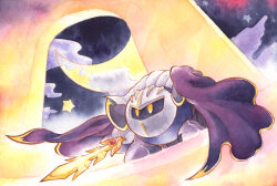 Rule 34 | 1boy, armor, cape, commentary request, crescent moon, galaxia (sword), hitimiko31647, holding, holding sword, holding weapon, kirby&#039;s adventure, kirby (series), male focus, mask, meta knight, moon, night, night sky, nintendo, no humans, painting (medium), pauldrons, shoulder armor, sky, solo, sword, traditional media, watercolor (medium), weapon, yellow eyes