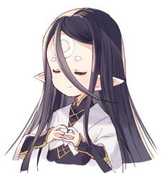 Rule 34 | 1girl, black dress, black hair, blush, closed eyes, closed mouth, cropped torso, dress, facial mark, fingers together, forehead mark, granblue fantasy, hair between eyes, harvin, long hair, meito (maze), parted bangs, pointy ears, rei (granblue fantasy), simple background, smile, solo, upper body, vambraces, white background