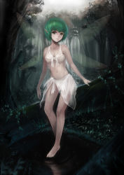 Rule 34 | 1girl, bare shoulders, breasts, cleavage, fairy, fairy wings, forest, green eyes, green hair, highres, looking at viewer, matching hair/eyes, nature, navel, original, short hair, sola7764, solo, standing, wings