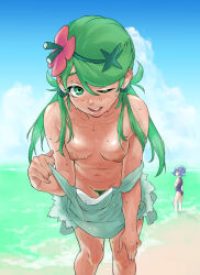 Rule 34 | 2girls, beach, bent over, blue hair, blue one-piece swimsuit, breasts, creatures (company), dark nipples, day, female pubic hair, flower, game freak, green eyes, green hair, green headband, green pubic hair, grey overalls, hair flower, hair ornament, headband, highres, kouya toufu, lana (pokemon), long hair, looking at another, looking at viewer, mallow (pokemon), medium hair, multiple girls, navel, nintendo, nipples, no bra, no panties, ocean, one-piece swimsuit, one eye closed, open mouth, outdoors, overalls, parted bangs, pink flower, pokemon, pokemon sm, pubic hair, sand, seductive smile, small breasts, smile, solo focus, standing, stomach, sweat, swimsuit, tan, twintails, undressing, very long hair, water