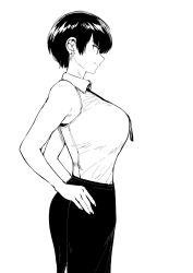 Rule 34 | 1girl, bare shoulders, black skirt, breasts, collared shirt, commentary, cowboy shot, earrings, english commentary, from side, greyscale, highres, id card, indoors, jewelry, lanyard, large breasts, monochrome, name tag, norman maggot, office lady, olive laurentia, original, pencil skirt, pixie cut, shirt, short hair, simple background, skirt, sleeveless, sleeveless shirt, standing, white background, white shirt