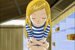 Rule 34 | 1girl, blonde hair, digimon, digimon frontier, female focus, looking at viewer, orimoto izumi, screencap, solo, undressing