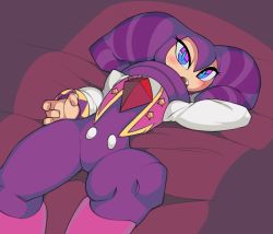 Rule 34 | absurdres, androgynous, arm behind head, blue eyes, captain kirb, colored skin, eyelashes, gender request, hat, highres, jester, jester cap, looking at viewer, lying, nights (character), nights into dreams, open mouth, sega, solo, white skin