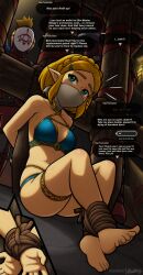 Rule 34 | 1girl, absurdres, bare shoulders, barefoot, bdsm, blonde hair, blue eyes, bondage, bound, bound ankles, bound wrists, bra, breasts, cleavage, cloth gag, collarbone, gag, gagged, hair ornament, hairclip, highres, improvised gag, kidnapped, legs, magnolia-baillon, nintendo, over the nose gag, panties, princess zelda, sweat, the legend of zelda, the legend of zelda: tears of the kingdom, thighs, underwear