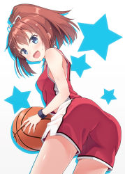 Rule 34 | 1girl, :d, ball, bare arms, bare shoulders, basketball, basketball (object), basketball uniform, blue eyes, blush, brown hair, cowboy shot, from side, hair between eyes, hair ribbon, holding, holding ball, hyuuga azuri, leaning forward, long hair, looking at viewer, looking back, open mouth, original, ponytail, ribbon, shorts, simple background, sleeveless, smile, solo, sportswear, star (symbol), starry background, sweat, white ribbon, wristband