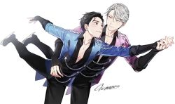 Rule 34 | 2boys, artist name, black hair, black pants, blue eyes, brown eyes, commentary, english commentary, gearous, grey hair, hair slicked back, hand on another&#039;s hip, interlocked fingers, jewelry, katsuki yuuri, leg up, looking at another, male focus, multiple boys, own hands together, pants, ring, short hair, simple background, skates, skating, smile, viktor nikiforov, white background, yuri!!! on ice