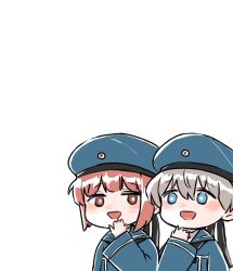 Rule 34 | 2girls, bad id, bad twitter id, black neckerchief, blue eyes, blue sailor collar, brown eyes, clothes writing, dress, hat, kantai collection, karin bluez3, kimoi girls (meme), meme, multiple girls, neckerchief, negative space, parody, red hair, sailor collar, sailor dress, sailor hat, short hair, silver hair, simple background, upper body, white background, z1 leberecht maass (kancolle), z3 max schultz (kancolle)