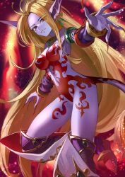 Rule 34 | 1girl, animal ears, blonde hair, blue skin, breasts, breath of fire, breath of fire ii, colored skin, earrings, foot out of frame, highres, jewelry, kansya, long hair, looking at viewer, medium breasts, pointy ears, purple skin, red eyes, rinpoo chuan, smile, solo, tail, very long hair