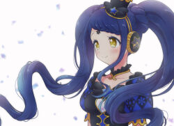 Rule 34 | 1girl, blue hair, braid, braided bangs, breasts, closed mouth, detached collar, garara s leep, head chain, headphones, idol time pripara, jewelry, long hair, looking ahead, pretty series, pripara, puffy short sleeves, puffy sleeves, sa ioio, short sleeves, sidelocks, small breasts, smile, solo, symbol-shaped pupils, twintails, upper body, very long hair, white background, wind, yellow eyes