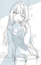 Rule 34 | 1girl, alternate costume, blush, brushing teeth, commentary, cowboy shot, greyscale, h (eitilog), holding, holding toothbrush, hoshikawa sara, jacket, long hair, long sleeves, looking at viewer, monochrome, nijisanji, one eye closed, open clothes, open jacket, shirt, shorts, sketch, squeans, sleepy, solo, spot color, standing, toothbrush, translation request, very long hair, virtual youtuber