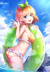 Rule 34 | 1girl, :d, absurdres, ass, bikini, blue eyes, blue sky, blush, breasts, butt crack, cloud, day, frilled bikini, frills, from side, go-toubun no hanayome, green ribbon, hair between eyes, hair ribbon, highres, holding, holding swim ring, innertube, large breasts, looking at viewer, md5 mismatch, nakano yotsuba, open mouth, orange hair, outdoors, resolution mismatch, ribbon, short hair, sidelocks, sky, smile, solo, source larger, striped bikini, striped clothes, sunhyun, swim ring, swimsuit, thighs, twisted torso, w, wading, water, wet