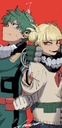 Rule 34 | 1boy, 1girl, belt, blonde hair, blood, bloody knife, blunt bangs, bodysuit, boku no hero academia, cardigan, clenched hand, closed mouth, commentary request, double bun, fangs, freckles, gloves, green bodysuit, green eyes, green hair, hair bun, highres, holding, holding knife, knife, kuwanosisyamo, long sleeves, looking at another, messy hair, midoriya izuku, nervous, open mouth, pleated skirt, red background, red eyes, short hair, signature, simple background, skirt, smile, standing, sweat, toga himiko, white gloves, yellow cardigan