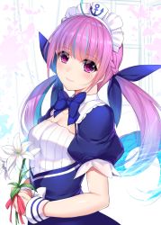 Rule 34 | 1girl, ahoge, blue bow, blue hair, blush, bow, braid, breasts, bug, butterfly, colored inner hair, cuffs, flower, french braid, hair ribbon, hair rings, holding, holding flower, hololive, insect, lily (flower), long hair, looking at viewer, maid headdress, minamon (vittel221), minato aqua, minato aqua (1st costume), multicolored hair, puffy short sleeves, puffy sleeves, purple eyes, purple hair, ribbon, short sleeves, small breasts, smile, solo, twintails, two-tone hair, very long hair, virtual youtuber