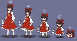 Rule 34 | 1girl, ascot, bow, brown eyes, brown footwear, brown hair, chibi, closed mouth, commentary request, detached sleeves, frilled bow, frilled skirt, frills, full body, gohei, hair bow, hair tubes, hakurei reimu, highres, holding, holding stick, mary janes, medium hair, open mouth, purple background, red bow, red eyes, red ribbon, red shirt, red skirt, ribbon, shirt, shoes, simple background, skirt, sleeve ribbon, sleeveless, sleeveless shirt, socks, solo, standing, stick, touhou, white socks, yawano dayo, yellow ascot, yukkuri shiteitte ne
