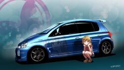 Rule 34 | 1girl, artist name, baba konomi, blue shorts, brown footwear, brown hair, hands on own cheeks, hands on own face, highres, hikageno, idolmaster, idolmaster million live!, itasha, lens flare, medium hair, pink shirt, shadow, shirt, shorts, smile, solo, spoiler (automobile), squatting, toyota, toyota vitz, two side up, vehicle focus