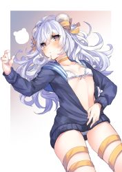 Rule 34 | 1girl, animal ears, arm up, bad id, bad pixiv id, bear ears, bikini, blue sailor collar, blue shirt, blush, breasts, brown eyes, collarbone, commentary request, covered erect nipples, fingernails, front-tie bikini top, front-tie top, hair between eyes, hair ribbon, long hair, long sleeves, looking at viewer, lying, on back, orange ribbon, original, parted lips, ribbon, sailor collar, shikino yuki, shirt, silver hair, small breasts, solo, sweat, swimsuit, very long hair, white bikini