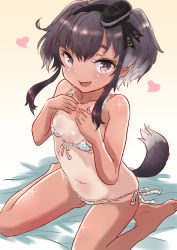 Rule 34 | 1girl, anchor symbol, animal ears, bikini, black hair, breasts, brown eyes, commentary request, dog ears, dog tail, extra ears, fang, front-tie bikini top, front-tie top, fuji (pixiv24804665), hair ears, hair ribbon, hat, highres, kantai collection, mini hat, one-piece tan, polka dot, polka dot bikini, ribbon, short hair, short hair with long locks, side-tie bikini bottom, sidelocks, small breasts, smokestack hair ornament, solo, swimsuit, tail, tan, tanline, tokitsukaze (kancolle)