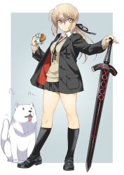 Rule 34 | :&lt;, alternate costume, artoria pendragon (all), artoria pendragon (fate), black jacket, black ribbon, black skirt, blazer, blonde hair, burger, casual, commentary request, dog, dress shirt, excalibur morgan (fate), fate/grand order, fate (series), food, full body, hair ribbon, hand on hilt, highres, holding, holding food, inoue sora, jacket, loafers, long sleeves, looking at viewer, pleated skirt, ponytail, ribbon, saber alter, shirt, shoes, sidelocks, simple background, skirt, standing, sweater vest, sword, thighs, tongue, tongue out, two-tone background, weapon, white shirt, yellow eyes