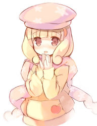 Rule 34 | 1girl, beret, blonde hair, blush, brown eyes, character request, copyright request, hands up, hat, jacket, kurasuke, long hair, looking at viewer, nose blush, open mouth, own hands together, scarf, simple background, sketch, sleeves past wrists, smile, solo, tareme, upper body, white background