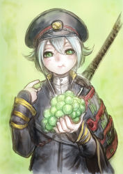 Rule 34 | 1boy, armor, black hat, blush, closed mouth, commentary request, eating, fingernails, food, fruit, fujii eishun, grapes, green background, green eyes, hair between eyes, hat, holding, holding food, hotarumaru, male focus, military, military uniform, pauldrons, short hair, shoulder armor, sketch, solo, sword, touken ranbu, turtleneck, uniform, weapon, weapon on back, white hair