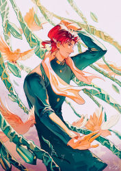 Rule 34 | 1boy, absurdres, animal, arm up, asymmetrical hair, bird, buttons, character name, chinese commentary, closed mouth, commentary request, dove, earrings, english text, gakuran, gem, green gemstone, hierophant green, highres, jewelry, jojo no kimyou na bouken, kakyoin noriaki, light smile, long sleeves, looking away, looking down, male focus, open hand, outstretched arm, purple eyes, red hair, school uniform, signature, solo, stand (jojo), stardust crusaders, stole, wavy hair, xinghui